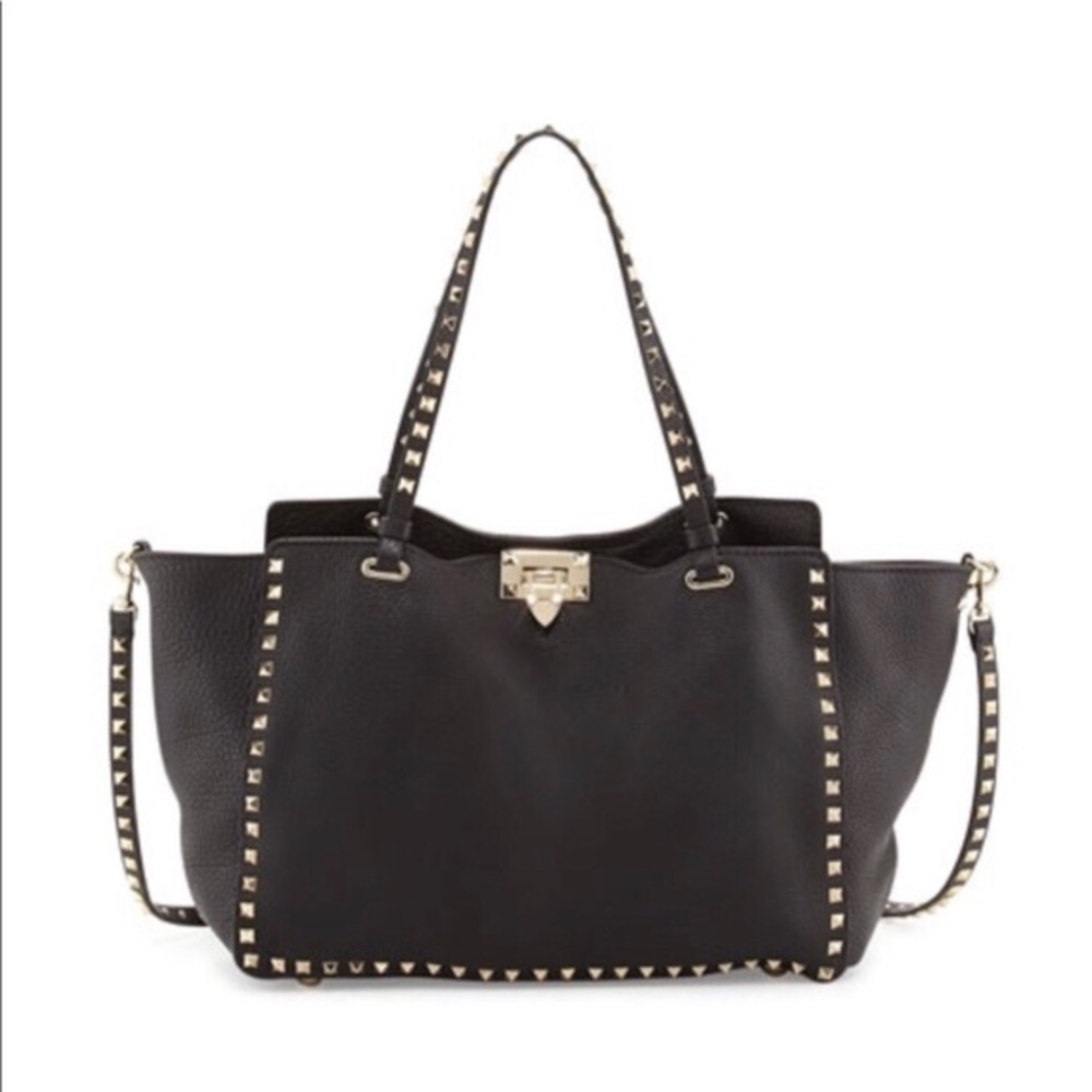 Valentino Garavani Rockstud Medium Black Leather Tote Shoulder Bag